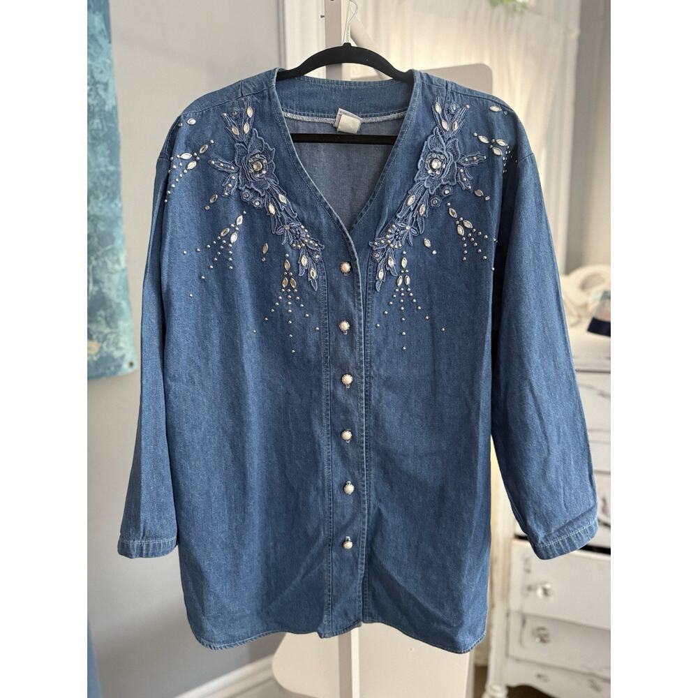 VTG 90S Denim blouse women’s L embroidered Beaded Western Boho Cottage Core USA